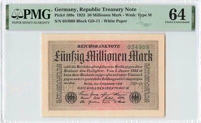 GERMANY 50 Million Mark 1923, P-109e, PMG 64 Choice UNC Grade, Republic Treasury - Image 1 of 2