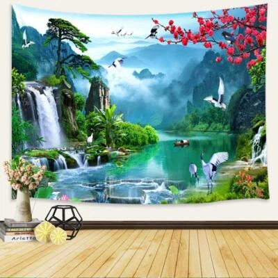 Shangri-La Waterfall Tapestry Wall Hanging Large Cranes Nature Fabric Room Decor - Image 1 of 4