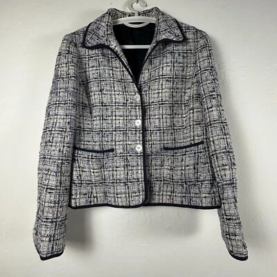 Ellen Tracy Womens Sz 14 White Black Plaid Tweed Blazer Jacket Long Sleeve Lined - Image 1 of 4