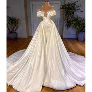 Luxury Crystal Pearls Wedding Dresses V-Neck Ruched Sleeve Beading Mermaid Gowns - Picture 1 of 10