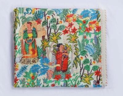 Indian Kantha Quilt Cotton Hand Block Print Queen Kantha Bedspread Blanket Throw - Image 1 of 4