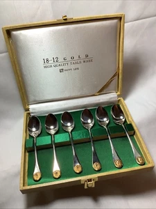 Vintage 6 Pc Spoon Demitasse Espresso 4.5" Gold Shell 18/12 Stainless in Case D8 - Picture 1 of 9