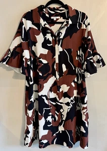 Chico's Bell Sleeve Brown Black Print Shirt Kimomo Midi Dress Sz 3 / 16 Pockets - Picture 1 of 7