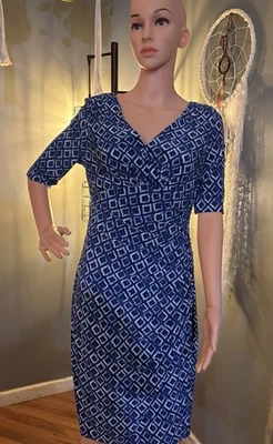 Women’s Ralph Lauren Dress- Blue/Tan Diamond Ikat Surplice, Size 10, EUC, - Image 1 of 4