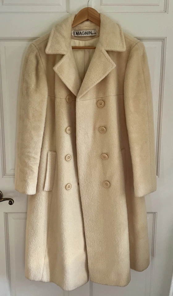 Vintage 1960s I. Magnin Alpaca Mohair Pile Coat Cream Long Double Breasted ILGWU - Image 1 of 4