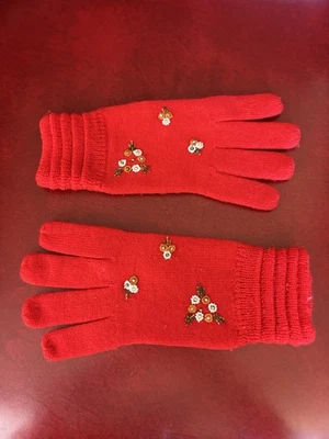 Guantes para mujer vintage WPL9111 Japón rojo tejido lana con cuentas flores damas M Foto 1 de 4