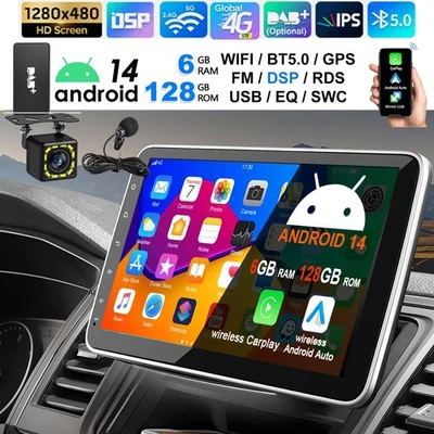10.1" DAB+ Autoradio 1 DIN Carplay 6+128G Android 14.0 GPS Drehbarer Bildschirm - Bild 1 von 4