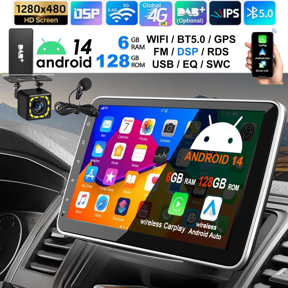 10.1" DAB+ Autoradio 1 DIN Carplay 6+128G Android 14.0 GPS Drehbarer Bildschirm - Bild 1 von 4