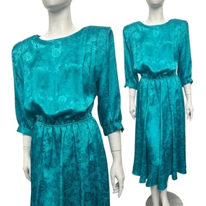 Vintage Dress 1980's Teal Satin Midi Dress Floral Brocade Simon Ellis True Retro - Picture 1 of 3