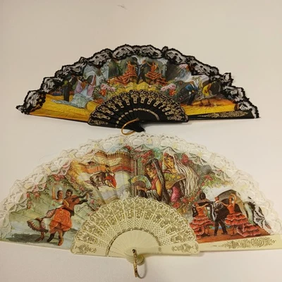 2 hermosos abanicos españoles hechos de colección con encaje, tauromaquia y flamenco  Foto 1 de 4