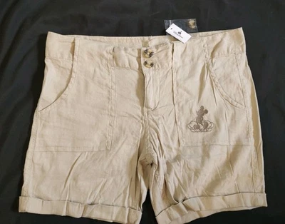 Nuevo con etiquetas Pantalones Cortos Auténticos Parques Disney Beige Mezcla de Lino Elastizados Mickey Bordado 12 Foto 1 de 4