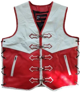 Motorcycle Leather Vest Bike Rider Buckle Red White Double Braid Motorbike Vest - Picture 1 of 3