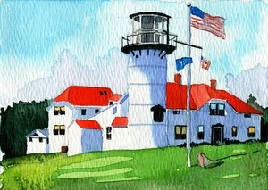 Chatham Lighthouse Cape Cod Massachusetts Matted Watercolor Art Prints - Picture 1 of 1