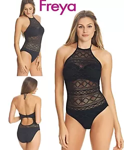 REDUCED-FREYA~SUNDANCE U/W PADDED BANDEAU STYLE CROCHET COVERED-SWIMSUIT-BLACK - Picture 1 of 1