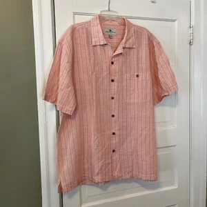 Island Shores Shirt Men XL Short Sleeve Tropical Hawaiian Pink stripe Linen Blen - Picture 1 of 6