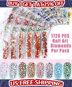 1728 Pcs Nail Art Rhinestone Glitter Gems 3D Tips DIY Decoration Fashion - Picture 1 of 33