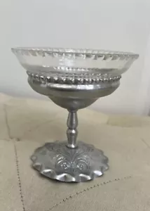 Vintage Embossed Aluminum Pedestal Compote With Glass Bowl Candy Dish - Picture 1 of 16