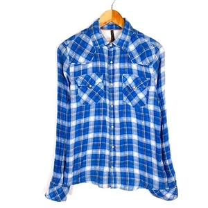 NUDIE JEANS Men Shirt Size M Regular Fit Blue Check Cotton Snap Button Spread - Picture 1 of 9