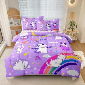 Twin Size 5-Piece Cat Comforter Set Purple Bedding Set Cute Room Decor for Kids - Picture 1 of 12