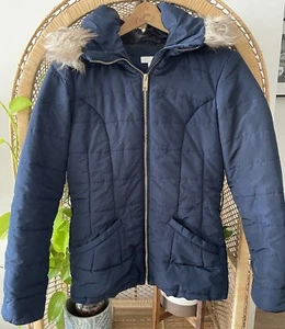 H&M Women’s Navy Blue Puffer Jacket Coat Faux Fur Trim Hooded Size 8 - Picture 1 of 4