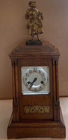 Antique Arts & Crafts mantel clock circa 1880 with A Bronze Figurine Cover