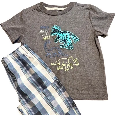 Kids Dinosaur Graphic Tee & Plaid Shorts Set - Image 1 of 4