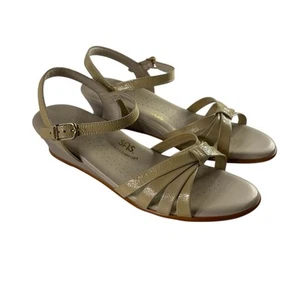 SAS Sandals Womens 9.5W Wide Beige Strippy Patent Leather Ankle Strap Wedge USA - Picture 1 of 13