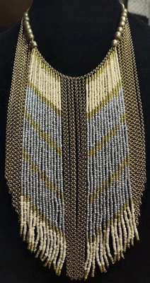  Lucky Brand Ivory/Silver/Gold Seed Beads With Gold Color Chain Fringe Necklace  - Image 1 of 4