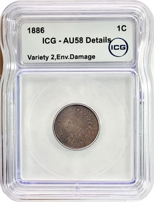 1886 Type 2 Indian Head Cent 1C Penny ICG AU58 Details Environmental Damage - Image 1 of 3