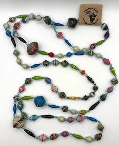 Handcrafted Uganda Ekisa Multicolor Paper And Seed Bead Long Necklace 71 In NWT - Picture 1 of 21