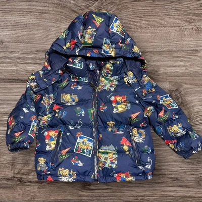 Polo Ralph Lauren Teddy Bear Print Puffer Jacket Blue 18 Months Toddler Kids AOP - Image 1 of 3