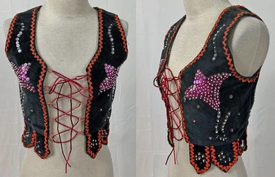 Vintage Black Velvet Floral Sequin Beaded Polish Folk Costume Childs Corset Vest - Image 1 of 3