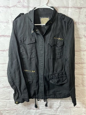 Chaqueta con cuentas de lino occidental con botones negra tallada con volantes para mujer M Foto 1 de 4