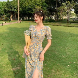 Lady Floral Tea Dress Puff Short Sleeve Midi Side Split Retro Cottagecore Casual - Picture 1 of 12