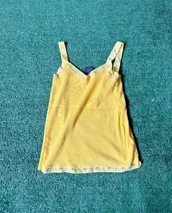 Womens Y2K 2000s Cute Yellow Ribbed Lace Grunge V Neck Top Size M Summer Top - Picture 1 of 6