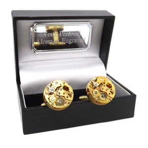 Gold Steampunk Watch Movement Mens Gift Cufflinks in Personalised gift Box - Picture 1 of 7