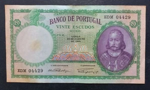 Portugal 20 Escudos 29.8.1944 P.153a XF/AUNC Key Date 100% Not Cleaned - Picture 1 of 8