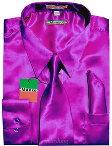 Nueva camisa de vestir para hombre_corbata y hankie satén brillante formal fiesta graduación boda púrpura - Imagen 1 de 3