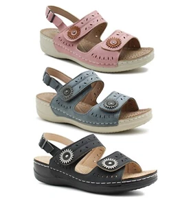 Womens Slingback Sandals Touch Fasten Strap Low Wedge Heel Ladies Fashion Shoes - Picture 1 of 16