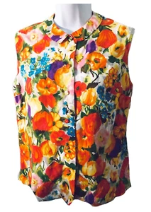 McMullen Floral 60s VTG sleeveless Bright cotton Peter Pan Collar Prep blouse 12 - Picture 1 of 7