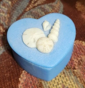 Vtg Heart Shape Soapstone Trinket Box Blue Seashells Designer Gifts Intern'l - Picture 1 of 5