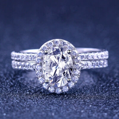 Women's 925 Sterling Silver Egg Shape Two Rings Set Wedding Engagement Ring R145 - Image 1 of 4