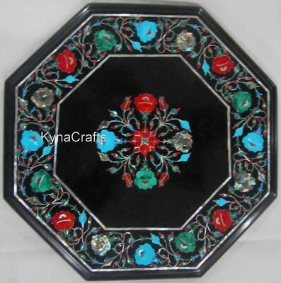 Multicolor Gemstone Inlay Work Kitchen Side Table Black Marble Coffee Table Top - Image 1 of 4