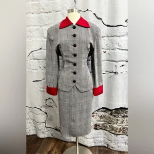 Christian Dior Prince of Wales Black Red Plaid Skirt Suit with Red Collar Cuffs - Picture 1 of 11