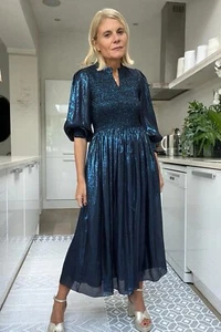 Vestido Wyse Ari Mezcla Seda Cojo - Azul Metálico Talla 4 UK 14 - Imagen 1 de 7