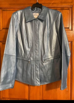 Womens Bradley Bayou Leather Jacket, Silver Blue, Button Up, Size Large  - Image 1 of 3