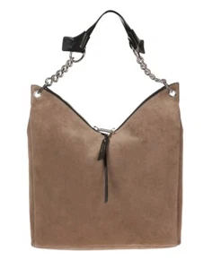 JIMMY CHOO Raven Suede Hobo Tote Shoulder Bag Large Tan Silver Hardware Chain - Picture 1 of 12