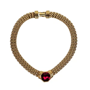S.A.L. Swarovski Crystal Headlight Necklace Red Octagon Goldtone Basket Weave - Picture 1 of 9