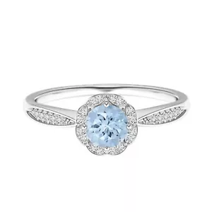 Round Floral Natural Aquamarine Ring Solitaire with Accents 925 Sterling Silver - Picture 1 of 6