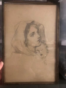 1917 Madonna & Child Signed Framed Antique Pencil Drawing Christianity Religious - Picture 1 of 14